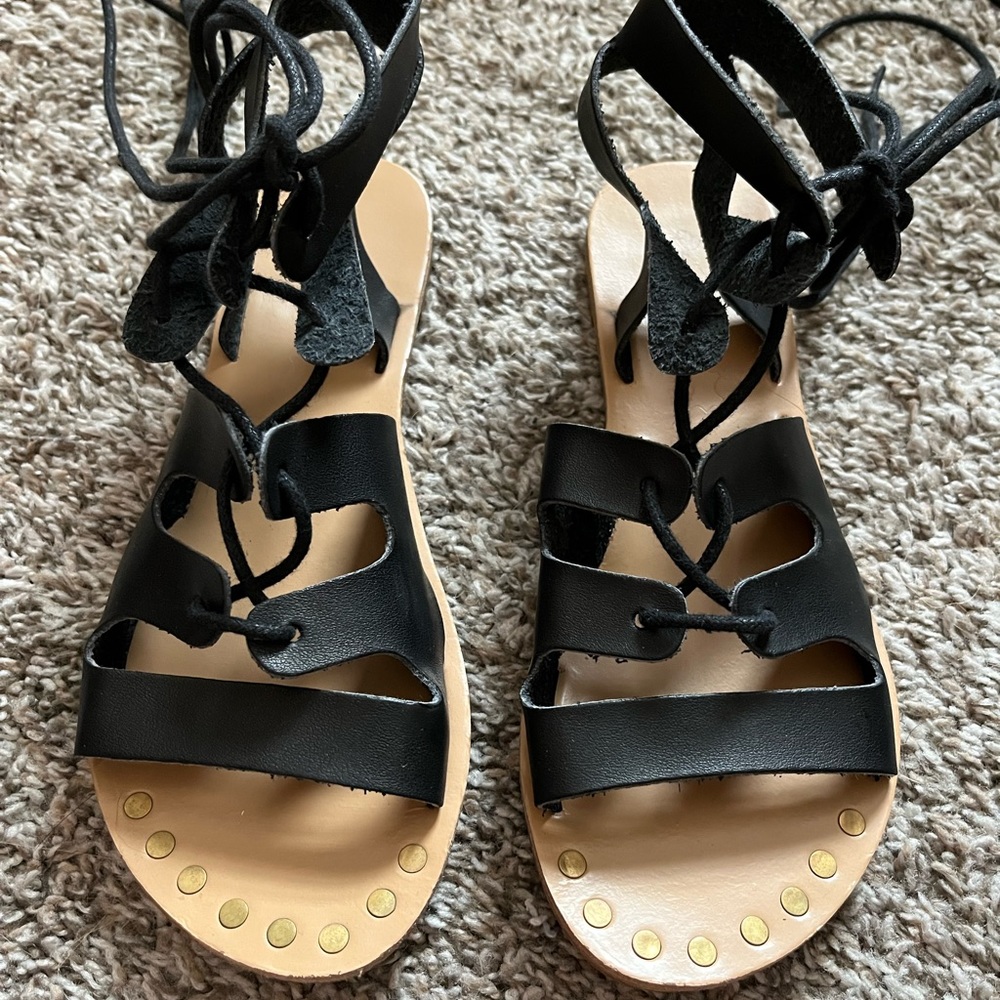 Qupid Black Leather Lace-Up Gladiator Sandals Size 6 - Picture 8 of 11
